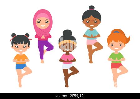 Set von niedlichen Chibi Mädchen aus verschiedenen Nationalitäten, die Yoga machen. Isoliert auf weißem Hintergrund. Flacher Cartoon-Stil. Vektorgrafik Stockfoto