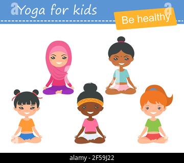 Yoga für Kinder.Set von niedlichen chibi Mädchen aus verschiedenen Nationalitäten Yoga zu tun. Flacher Cartoon-Stil. Vektorgrafik Stockfoto