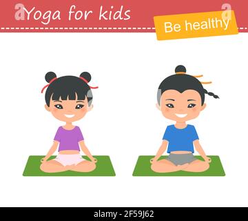 Nette chinesische chibi junge und chibi Mädchen tun Yoga isoliert auf weißem Hintergrund. Flacher Cartoon-Stil. Vektorgrafik Stockfoto