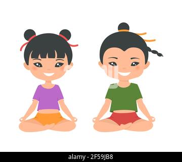 Nette chinesische chibi Junge und Mädchen tun Yoga isoliert auf weißem Hintergrund. Flacher Cartoon-Stil. Vektorgrafik Stockfoto