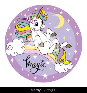 Niedliche Cartoon Einhorn Rollen den Regenbogen. Vektordarstellung Kreisform auf violettem Hintergrund. Für Party, Druck, Babydusche, Tapete, Design Stock Vektor