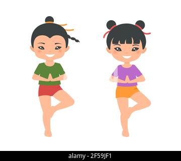 Nette chinesische chibi Junge und Mädchen tun Yoga isoliert auf weißem Hintergrund. Flacher Cartoon-Stil. Vektorgrafik Stockfoto