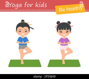 Nette chinesische chibi junge und chibi Mädchen tun Yoga isoliert auf weißem Hintergrund. Flacher Cartoon-Stil. Vektorgrafik Stockfoto