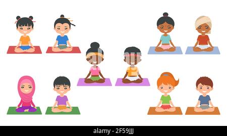 Yoga für Kinder.Set von niedlichen chibi Mädchen und Jungen aus verschiedenen Nationalitäten tun Yoga. Flacher Cartoon-Stil. Vektorgrafik Stockfoto