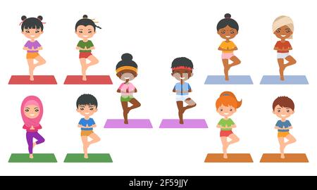 Yoga für Kinder.Set von niedlichen chibi Mädchen und Jungen aus verschiedenen Nationalitäten tun Yoga. Flacher Cartoon-Stil. Vektorgrafik Stockfoto