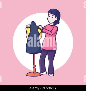 Der Schneider versucht Kleid auf die Statue. Premium-Vektor-Illustration Stock Vektor