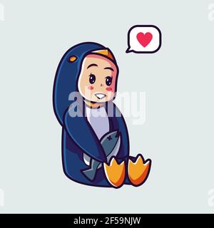 Happy niedlichen Kind im Pinguin Kostüm mit Fisch. Cartoon-Illustration Stock Vektor