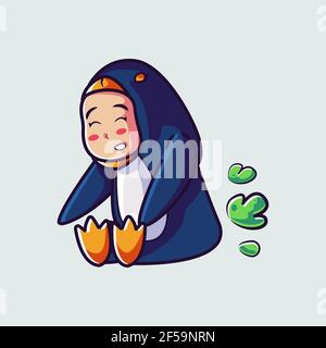Nettes Kind im Pinguin Kostüm ist furzen. Cartoon-Illustration Stock Vektor
