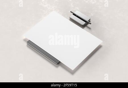 Weißes Papier im Format A4, isoliert auf weichem Hintergrund. Unbeschriftete Abbildung A4 im Hochformat. 3D Abbildung. Stockfoto