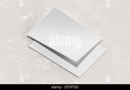Weißes Papier im Format A4, isoliert auf weichem Hintergrund. Unbeschriftete Abbildung A4 im Hochformat. 3D Abbildung. Stockfoto