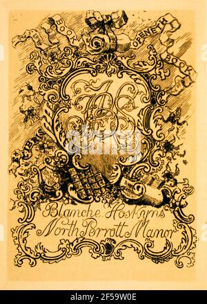 1894 BucheröffnenBuch eingravierte heraldische Monogramm-Exlibris für Blanche Hoskyns von Nord-Perrott Manor, von britischem Radierer, Holzgraveur und Maler W Stockfoto