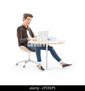 3D Zeichentrickfilm Mann arbeiten auf Laptop, Illustration isoliert auf weißem Hintergrund Stockfoto