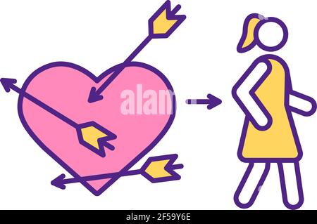 Amor Pfeil Hit Frau Herz RGB-Farbsymbol. Stock Vektor