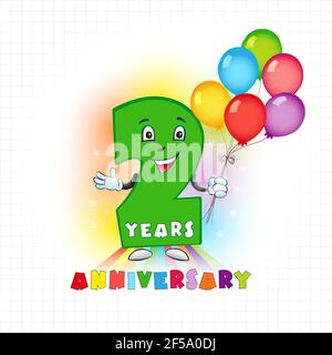 Zwei Jahre altes animiertes Logo. 2 Jahrestag lustige Logo. Kinder Geburtstag farbige Karte mit personifizierten Ziffer und viele helle Feier gratulatin Stock Vektor