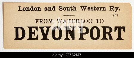 Vintage Midland & South Western Railway Train Label - Von London Waterloo nach Devonport Stockfoto