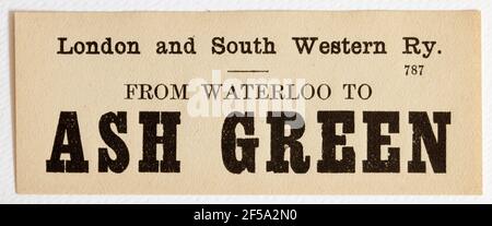 Vintage Midland & South Western Railway Train Label - Von London Waterloo nach Ash Green Stockfoto