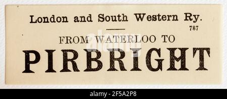 Vintage Midland & South Western Railway Train Label - Von London Waterloo nach Pirbright Stockfoto