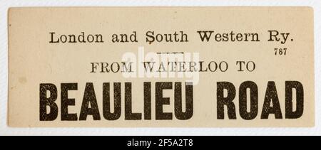 Vintage Midland & South Western Railway Train Label - Von London Waterloo zur Beaulieu Road Stockfoto