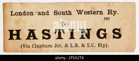 Vintage Midland & South Western Railway Train Label - Von London Waterloo nach Hastings Stockfoto