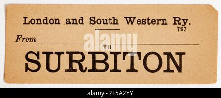 Vintage Midland & South Western Railway Train Label - Von London Waterloo nach Surbiton Stockfoto