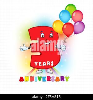 Drei Jahre altes animiertes Logo. 3 Jahrestag lustige Logo. Kinder Geburtstag farbige Karte mit personifizierten Ziffer, viele hell feiert gratulierend Stock Vektor