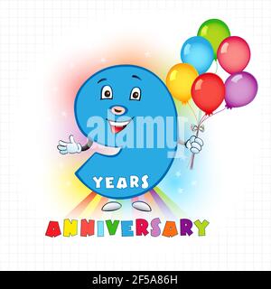 Neun Jahre altes animiertes Logo. 9 Jahrestag lustige Logo. Kinder Geburtstag farbige Karte mit personifizierten Ziffer, viele hell feiert gratulierend Stock Vektor
