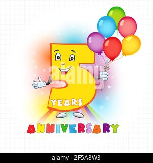 Fünf Jahre altes animiertes Logo. 5 Jahrestag lustige Logo. Kinder Geburtstag farbige Karte mit personifizierten Ziffer, viele hell feiert gratulierend Stock Vektor