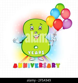 Acht Jahre altes animiertes Logo. 8 Jahrestag lustige Logo. Kinder Geburtstag farbige Karte mit personifizierten Ziffer, viele hell feiert gratulierend Stock Vektor