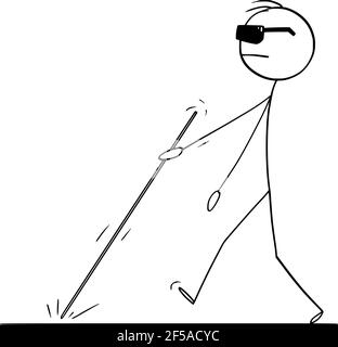 Blinder Mann, der mit weißem Stock oder Stock geht, Vektor Cartoon Stick Abbildung Stock Vektor