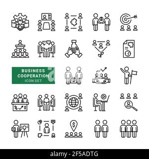 Business сooperation - minimale dünne Linie Web-Icon-Set. Enthalten die einfachen Vektor-Symbole wie Teamarbeit, Partnerschaft, Geschäftsprozess. Umrisssymbole CO Stock Vektor