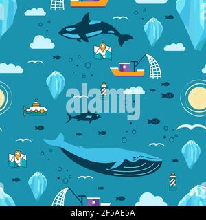 Nahtloses Muster mit Eisberg, Säugetieren, Fischen, Karte, Leuchtturm, Sonne, Wolken und Schiff. Vektorgrafik Stock Vektor