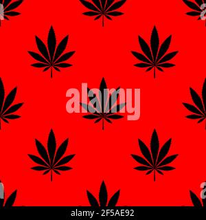 Darstellung des Cannabis-Vektors. Minimalistisches Nahtmuster. Geschenkpapier. Schwarze Blätter auf rotem Hintergrund Stock Vektor