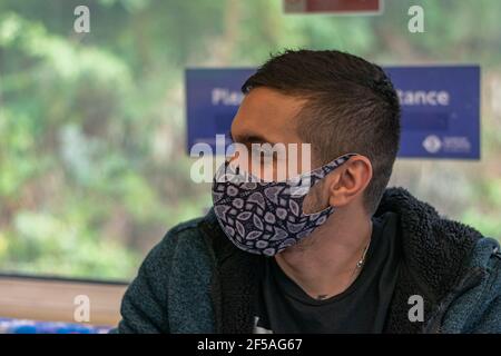 Junger Mann mit Maske im Zug während der Pandemie von 2020. Stockfoto