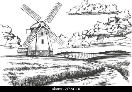 Windmühle auf dem Feld, Landschaft, Sommerlandschaft, handgezeichnete Vektorgrafik realistische Skizze. Stock Vektor