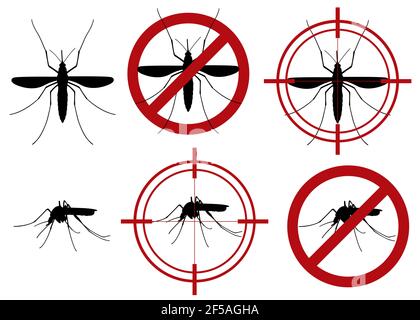 Illustration der Warnung verbotene Moskitos Zeichen und Ziel isoliert auf Weiß Stockfoto