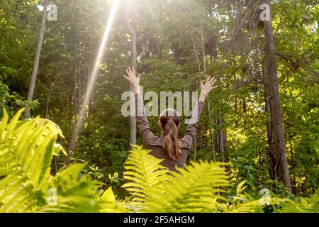 Die junge Frau Rückansicht im Wald mit Farn. Konzept der Natur und glückliches Leben, Abenteuer. Schönes Licht. Stockfoto