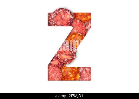 Wurst Alphabet isoliert auf weißem Hintergrund. Lateinisches Essensalphabet. Wurstbuchstabe z. Stockfoto