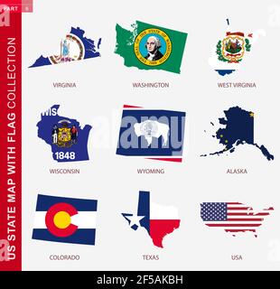 US State Maps mit Fahnensammlung, neun USA Kartenkontur mit Flagge von Virginia, Washington, West Virginia, Wisconsin, Wyoming, Alaska, Colorado, Texas Stock Vektor