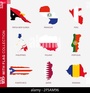 Karte mit Fahnensammlung, neun Kartenkontur mit Flagge von Papua-Neuguinea, Paraguay, Peru, Philippinen, Polen, Portugal, Puerto Rico, Katar, Rumänien Stock Vektor