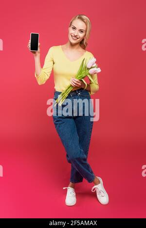 Blonde Frau in gelben Pullover und Jeans halten Smartphone mit Leerer Bildschirm und Tulpen auf rosa Stockfoto