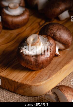 Stillleben, Champignons auf einem Holzbrett Stockfoto