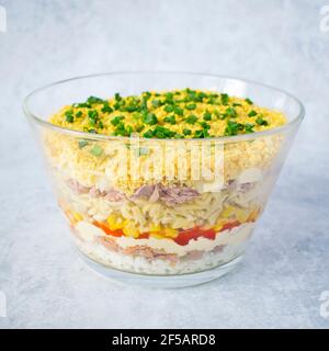 Geschichteter Salat mit Thunfisch, eingelegten Paprika, Pilzen und Käse. Stockfoto