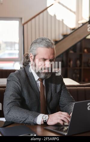 Reifer bärtiger Geschäftsmann, der am Laptop arbeitet, während er an der sitzt Tisch im Restaurant Stockfoto