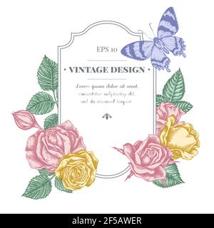 Badge Design mit pastellfarbenen alcides agathyrsus, Rosen Stock Vektor