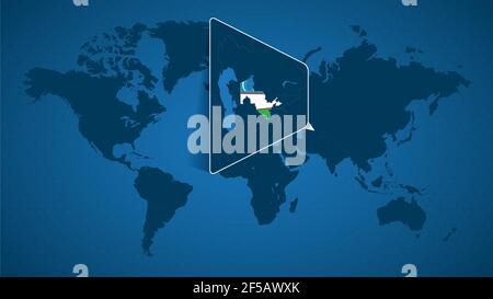 Detaillierte Weltkarte mit vergrößerter Karte von Usbekistan und den Nachbarländern. Usbekistan Flagge und Karte. Stock Vektor