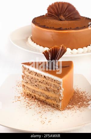 Ein gestylter Kuchen und ein Stück davon davor. Stockfoto