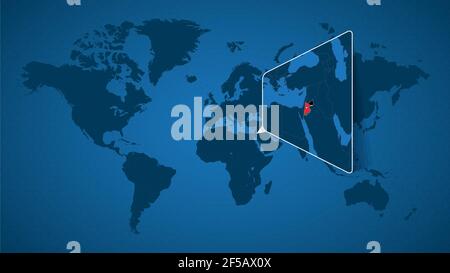 Detaillierte Weltkarte mit vergrößerter Karte von Jordanien und den Nachbarländern. Jordanien Flagge und Karte. Stock Vektor