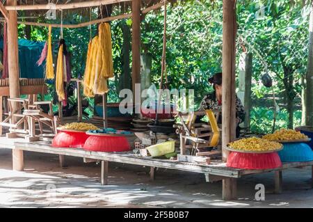 Frau sitzt auf einem Holzboden und spinnt Seidengarn, sie sitzt im Freien in einer einfachen Holzhütte Stockfoto