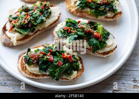 Crostini mit weißem Bohnenpüree und Mangold Stockfoto