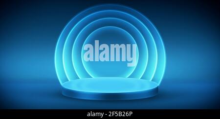 Abstraktes 3D-Rendering von Raum und Bühne mit freiem Platz für Textkopien und Produktplatzierung mit leuchtenden Ringen auf der Rückseite. Moderne Bühne Rendering Hintergrund w Stockfoto